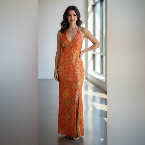 Vintage 90s Y2K Adrianna Papell Beaded Open Back Orange Long Slip Dress Gown 12‎